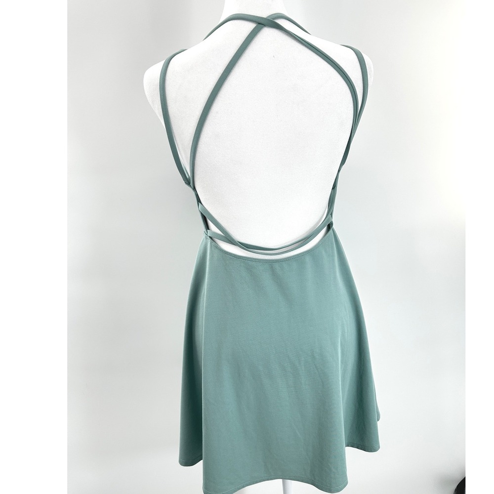 Sage Green Strappy Back Skater Dress Soft Stretch Minimal A-Line M - Picture 5 of 9